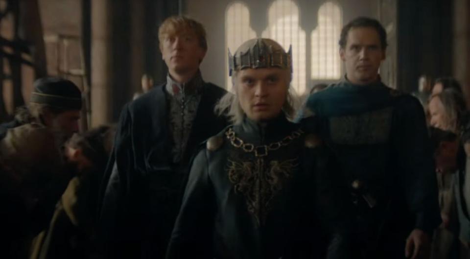 Aegon (Tom Glynn-Carney) is attempting to take the throne from Rhaenyra, causing a war between what’s referred to as his Greens versus her Blacks. Youtube/MAX