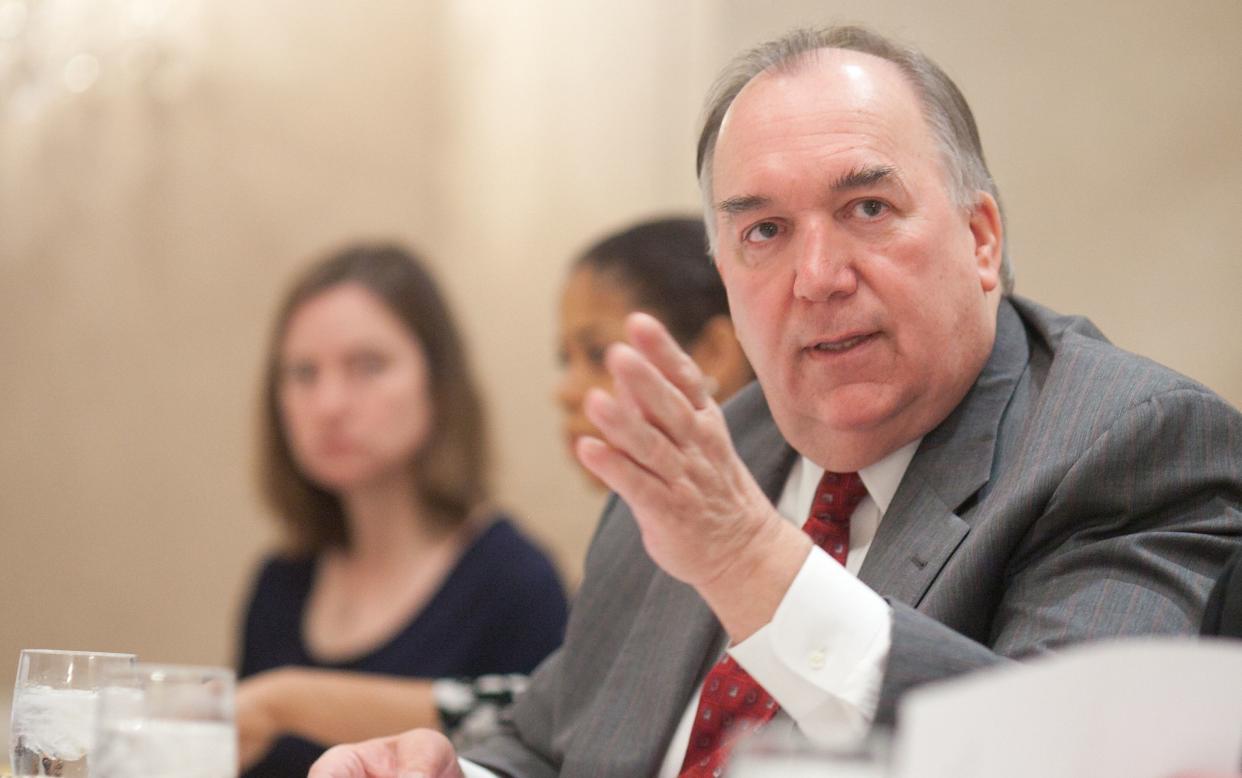 John Engler speaks to the media on March 22, 2012. (Photo: Photo by Michael Bonfigli /The Christian Science Monitor via Getty Images)