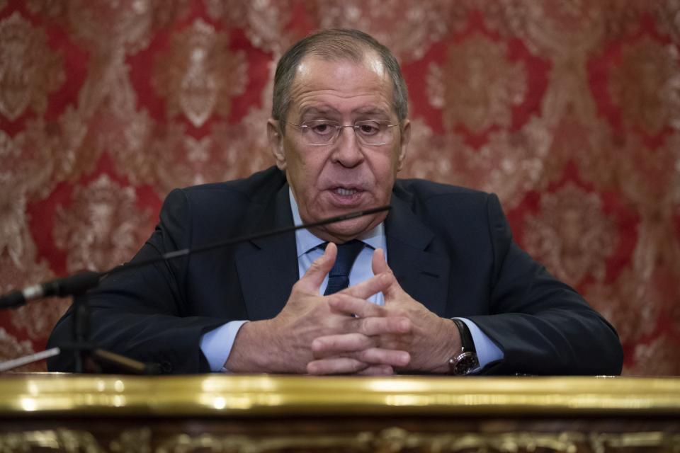 Russian Foreign Minister Sergey Lavrov speaks during his news conference following the talks with Japanese Foreign Minister Taro Kono in Moscow, Russia, Monday, Jan. 14, 2019. The top diplomats of Russia and Japan held talks Monday about disputed islands in the Pacific as Moscow sought to temper Japanese expectations of an imminent deal. (AP Photo/Alexander Zemlianichenko)