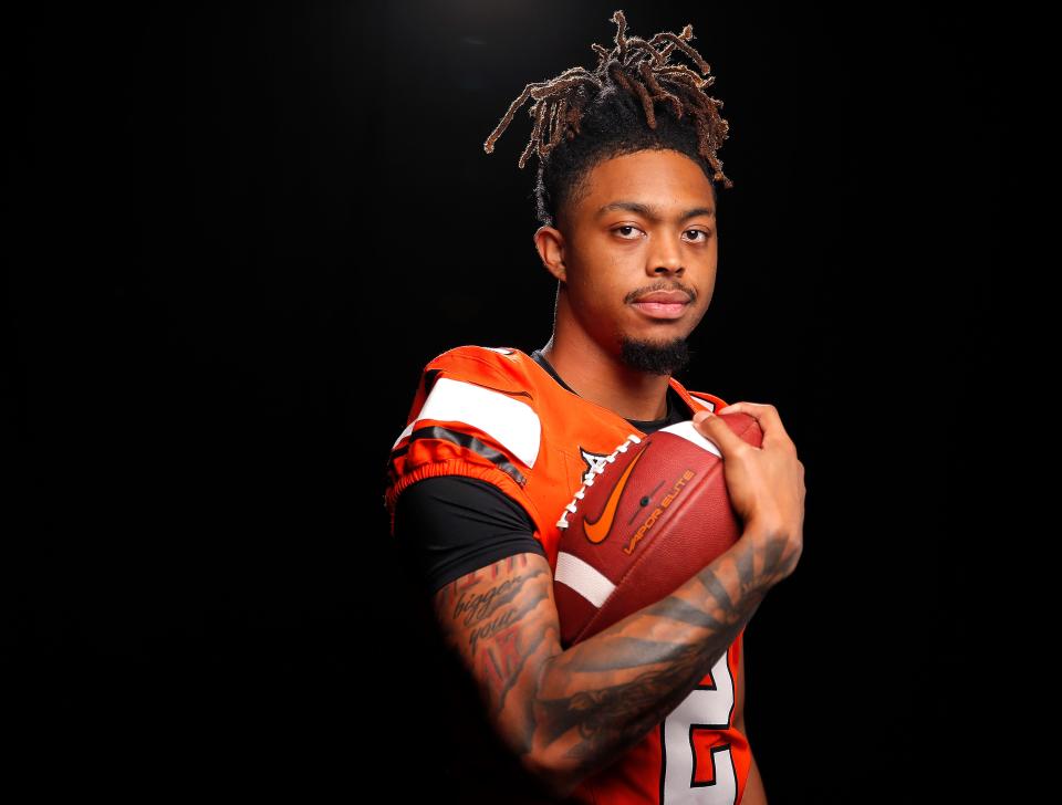 Oklahoma State's Korie Black poses for a photograph during media for the Oklahoma State University Cowboys football media days in Stillwater, Okla., Saturday, Aug., 5, 2023.