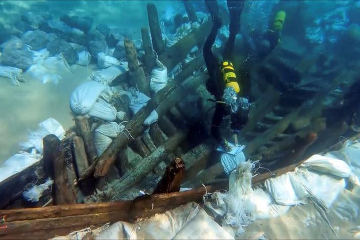 A view of the excavation of an ancient cargo ship, which is believed to have carried goods from all over the Mediterranean