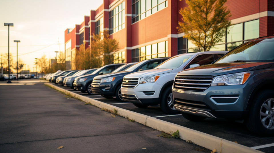 A fleet of cars parked at a car rental company's headquarters, symbolizing the company's commitment to servicing its customers.