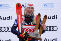 The winner United States' Mikaela Shiffrin celebrates after an alpine ski, women's World Cup slalom, in Spindleruv Mlyn, Czech Republic, Saturday, Jan. 28, 2023. (AP Photo/Piermarco Tacca)