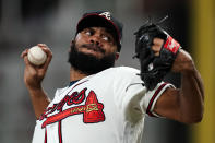 Atlanta Braves relief pitcher Kenley Jansen works the ninth inning of a baseball game against the Colorado Rockies, Thursday, Sept. 1, 2022, in Atlanta. (AP Photo/John Bazemore)