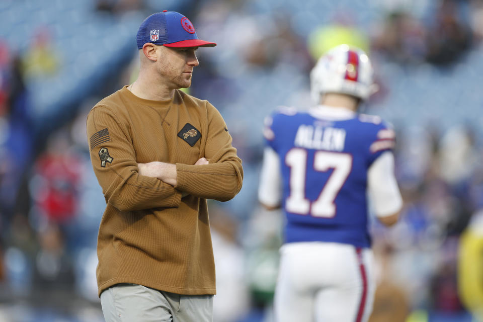 ORCHARD PARK, NEW YORK – NOVEMBER 19: Interim offensive coordinator Joe Brady looks on before the game against the New York Jets at Highmark Stadium on November 19, 2023 in Orchard Park, New York. (Photo by Sarah Stier/Getty Images)
