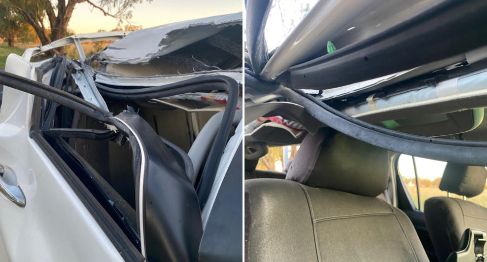 The roof of the white ute hanging down near the driver's seat headrest.