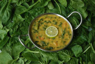 <p>Spinach (palak) & toor dal make for a healthy combination. Pressure cook one cup soaked & cleaned toor dal with 1/2 cup chopped palak with some water, salt and turmeric. When cool, mash it with a wooden spoon, add red chilly powder and coriander powder. Prepare tempering with 1 tsp oil, hing, cumin & mustard seeds & pour over the dal. Serve with hot rice or rotis. “Creative Commons Dal Palak ” by Yummy O Yummy is licensed under CC BY 2.0 </p>