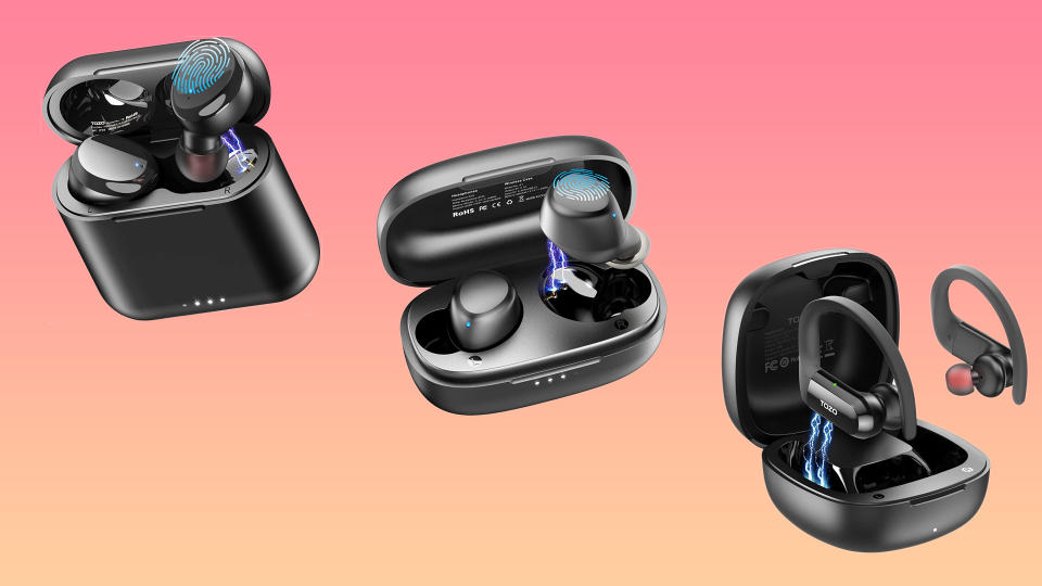 Three pairs of wireless earbuds in accompanying charging cases