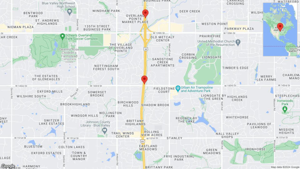 A detailed map that shows the affected road due to 'Lane on US-69 closed in Overland Park' on January 3rd at 4:46 p.m.