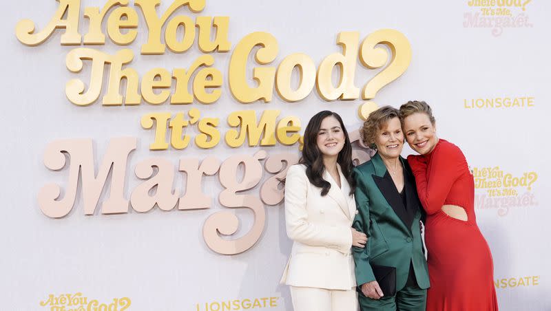 Abby Ryder Fortson, left, and Rachel McAdams, right, cast members in “Are You There God? It’s Me Margaret,” pose with Judy Blume, author of the 1970 novel upon which the movie is based, at the premiere of the film, Saturday, April 14, 2023, at the Westwood Regency Village Theatre in Los Angeles.