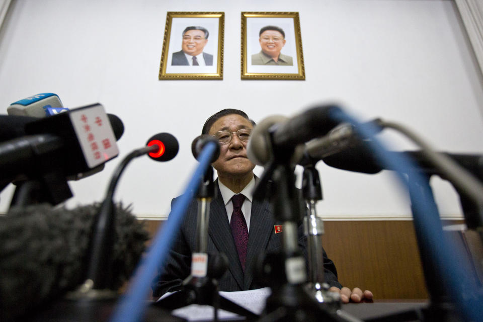 North Korean Ambassador to China Ji Jae Ryong attends a press conference at the North Korean Embassy in Beijing, China, Wednesday, Jan. 29, 2014. North Korea’s propaganda machine is churning out near-daily diatribes against the United States and South Korea for a series of soon-to-start military maneuvers, warning nuclear war could be imminent and saying it will take dramatic action of its own if further provoked. Ji offered a somewhat less caustic line at a rare news conference on Wednesday. Ji told international media the north wanted to reduce tensions to allow steps toward reconciliation and eventual unification between North and South. (AP Photo/Alexander F. Yuan)