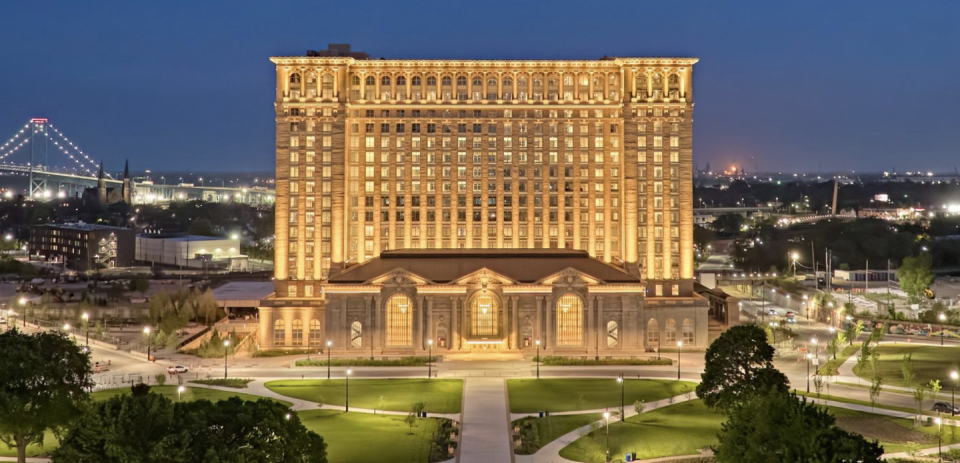 a large building lit up at night