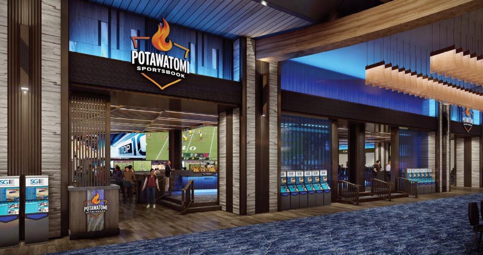 This rendering illustrates Potawatomi Hotel & Casino's new sportsbook venue, where patrons can bet on games, get drinks and food and watch sports on a 120 foot screen. Slated to open in December or the first quarter of 2024, the sportsbook will replace the Milwaukee casino's 22-year-old Northern Lights Theater, which has now closed.