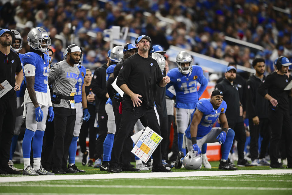 Detroit Lions head coach Dan Campbell watches from the sideline during the second half of an NFL football game against the Green Bay Packers, Thursday, Nov. 23, 2023, in Detroit. (AP Photo/David Dermer)