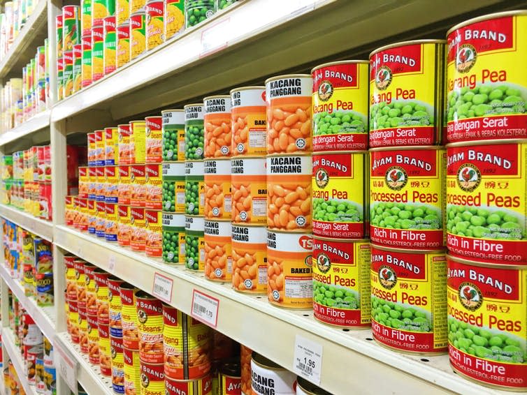 <span class="caption">Should we be steering clear of tinned foods?</span> <span class="attribution"><a class="link " href="https://www.shutterstock.com/image-photo/kuala-lumpur-malaysia-nov-12-2016-514218928?src=9gwwRfOFNwLeTwKN8LbKRA-1-29" rel="nofollow noopener" target="_blank" data-ylk="slk:HeinzTeh / Shutterstock.com;elm:context_link;itc:0;sec:content-canvas">HeinzTeh / Shutterstock.com</a></span>