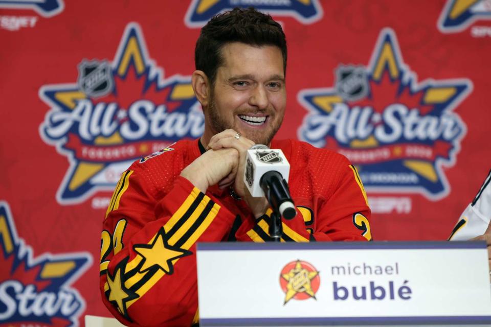 <p>Nicole Osborne/NHLI via Getty</p> Michael Bublé attends press conference for 2024 NHL All-Star Media Day on Feb. 1 in Toronto