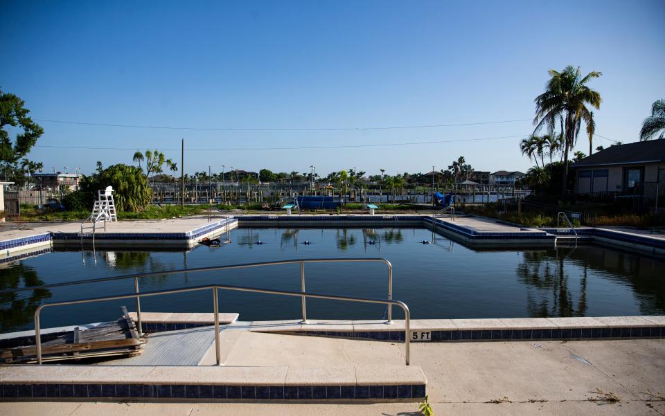 The pool area at the Cape Coral Yacht Club on Wednesday, August 23, 2023. The area and building around the Yacht club was closed after Hurricane Ian roared through the area. The pool will move to a different location.