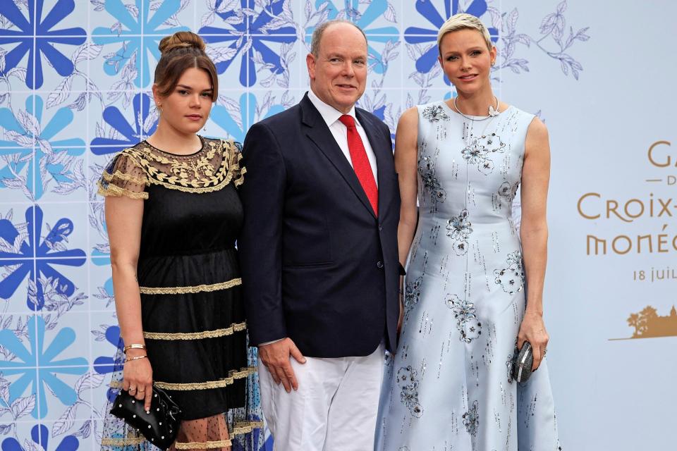 Prince Albert II of Monaco and Princess Charlene of Monaco and Princess Stephanie of Monaco's daughter Camille Gottlieb (L) pose upon their arrival for the 73rd edition of the Red Cross Gala at the Casino in Monte Carlo on July 18, 2022.