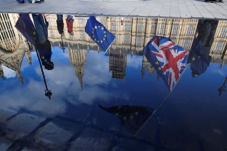 FILE PHOTO: Anti-Brexit demonstrators waving EU and Union flags are reflected in a puddle in front of the Houses of Parliament in London, Britain, March 28, 2018. REUTERS/Toby Melville/File Photo