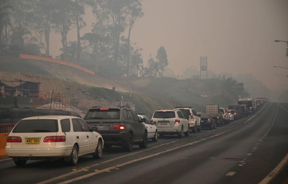 Cars queued up to leave Batemans Bay, on the New South Wales south coast, to head north on January 2.