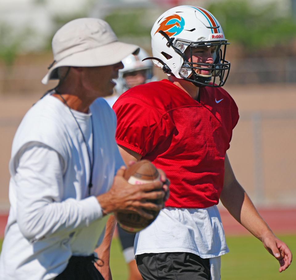 August 23, 2022;  Mesa, Arizona; USA; Eastmark head coach Scooter Molander and his son, quarterback Mack Molander (10) during practice at Eastmark High School. Mandatory Credit: Patrick Breen-Arizona Republic