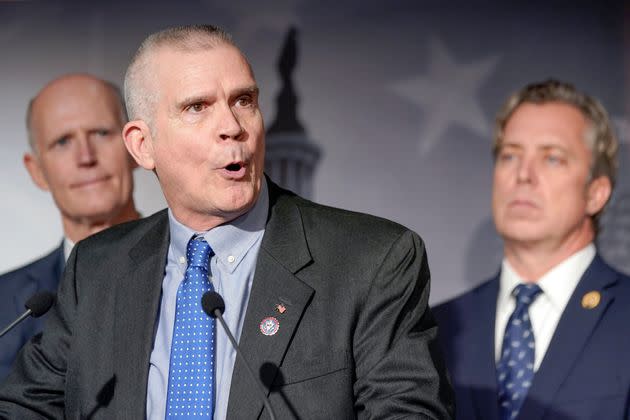 Rep. Matt Rosendale, center, signaled to podcaster Steve Bannon on Thursday that he's weighing another Senate bid against Democrat Jon Tester in Montana.