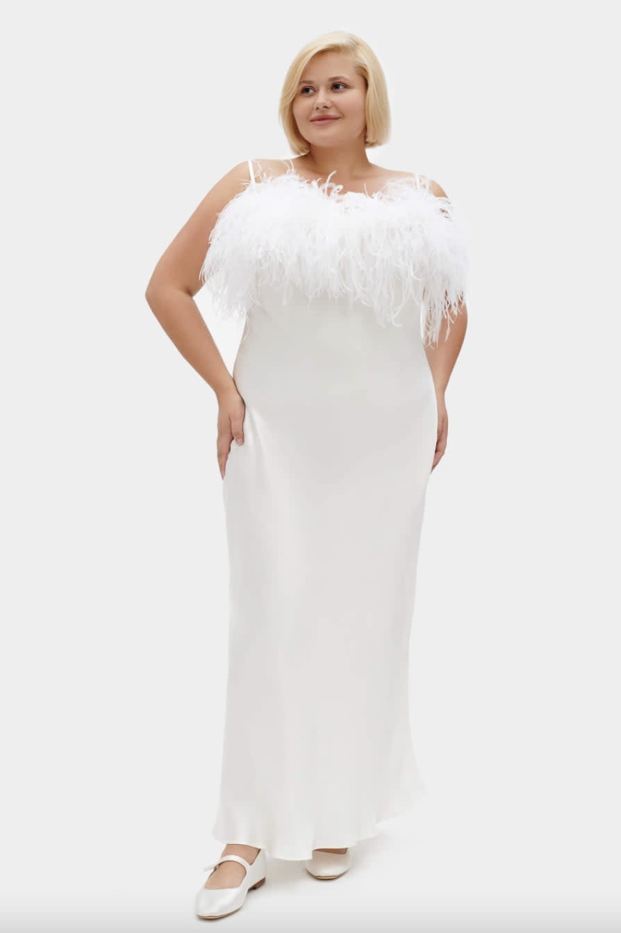 <p>I audibly gasped when I saw this <span>Sleeper Boheme Slip Dress with Feathers</span> ($290) released this week. Obviously it gives bridal vibes, but I would personally wear it with hot pink heels for my 30th birthday. The feathers are removable, which is a cool feature.</p>