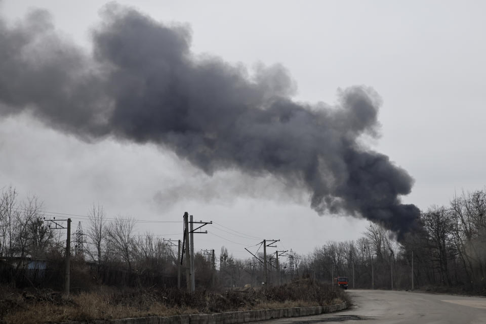 FILE - Smoke rises from an energy facility after a Russian attack in Kharkiv, Ukraine, Friday March 22, 2024. (AP Photo/Yevhen Titov)