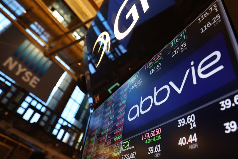 The logo for AbbVie is displayed on a screen at the New York Stock Exchange (NYSE) in New York City