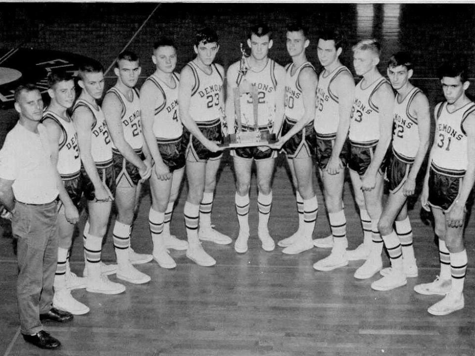 The 1963 Florida High boys basketball state title team. Pictured, left to right, are Coach Bob Albertson, Ken Hamlin, George Creamer, David Ingram, Dick Litwhiler, Bob Scherdin, Eddie Hayes, John Derby, Stephen Moon, Dick Kline, Edgar Rogers, Richard Singletary, not present is Neal Johnson.