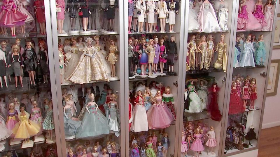 A screen grab shows Matthew Keith's collection of Barbies during an interview with Reuters in Los Angeles, California, U.S., July 21, 2023. REUTERS TV/via REUTERS