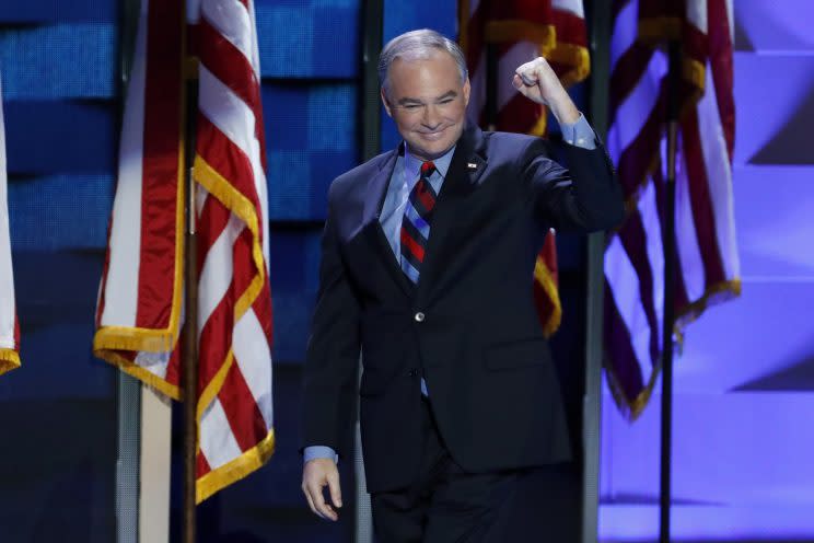 Vice presidential candidate Tim Kaine at the Democratic National Convention in Philadelphia, July 27, 2016. (Photo: J. Scott Applewhite/AP)