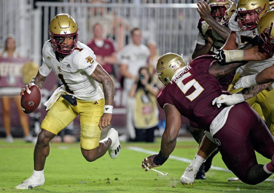 Sep 2, 2024; Tallahassee, Florida, USA; Boston College Eagles quarterback Thomas Castellanos (1) scrambles during the first half against the Florida State Seminoles at Doak S. Campbell Stadium. Mandatory Credit: Melina Myers-USA TODAY Sports