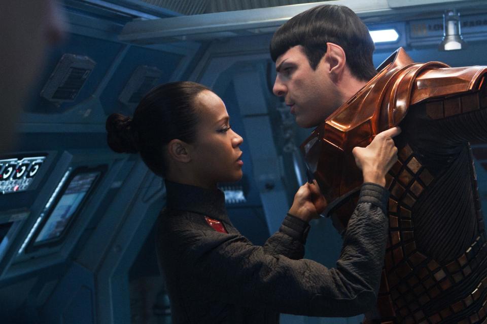 This undated publicity film image released by Paramount Pictures shows, Zoe Saldana, left, as Uhura and Zachary Quinto as Spock in a scene in the movie, "Star Trek Into Darkness," from Paramount Pictures and Skydance Productions. (AP Photo/Paramount Pictures, Zade Rosenthal)