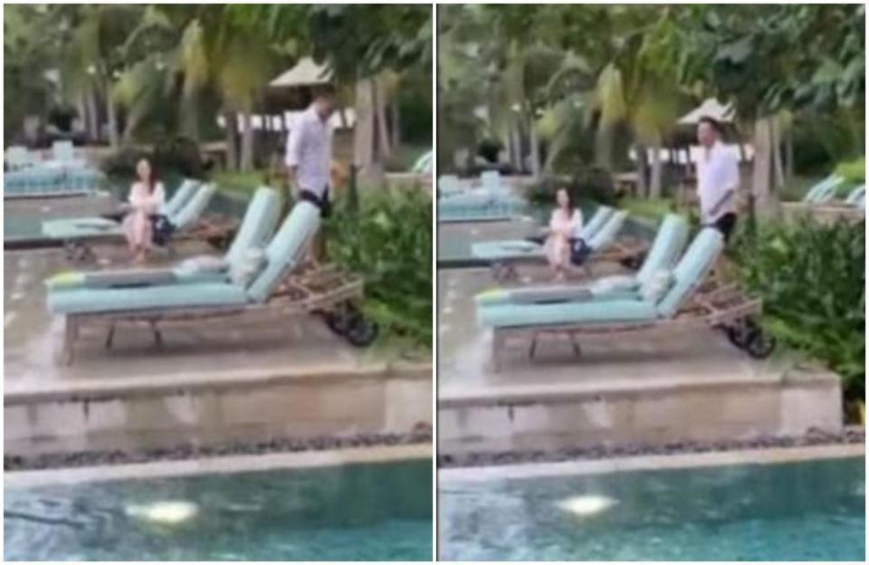 大陸網友上傳影片，在三亞巧遇汪小菲和女性友人出遊，雙方在泳池畔聊天，但見到網友鏡頭後立刻掉頭。（翻攝自微博）