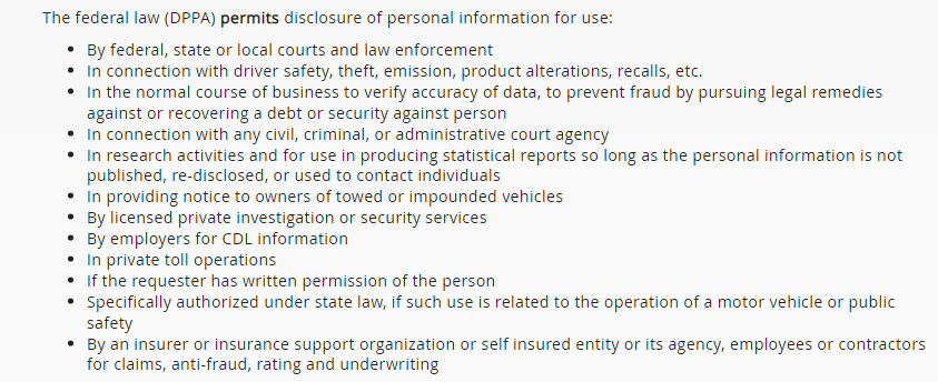 Listed is what the Driver Privacy Protection Act allows when it comes to sharing personal information. A jury found on May 5 that the Wauwatosa Police Department's target list and Dropbox link did not violate these rules.