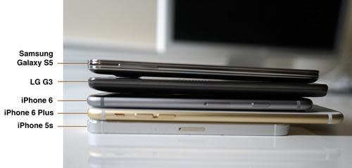 Thickness comparison of iPhones and phones from LG and Samsung