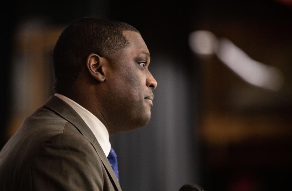 Former Congressman Mondaire Jones delivers the keynote address during the annual MLK Day celebration at Ramapo High School Jan. 16, 2023. The event, sponsored by the Martin Luther King Jr. Multipurpose Center in Spring Valley, also included a variety of singing and dance troupes. 