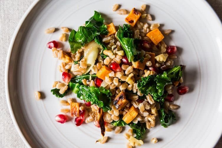 <strong>Get the <a href="http://food52.com/recipes/19937-farro-with-roasted-sweet-potato-kale-and-pomegranate-seeds" target="_blank">Farro with Roasted Sweet Potato, Kale and Pomegranate Seeds recipe</a> by Ann S via Food52</strong>