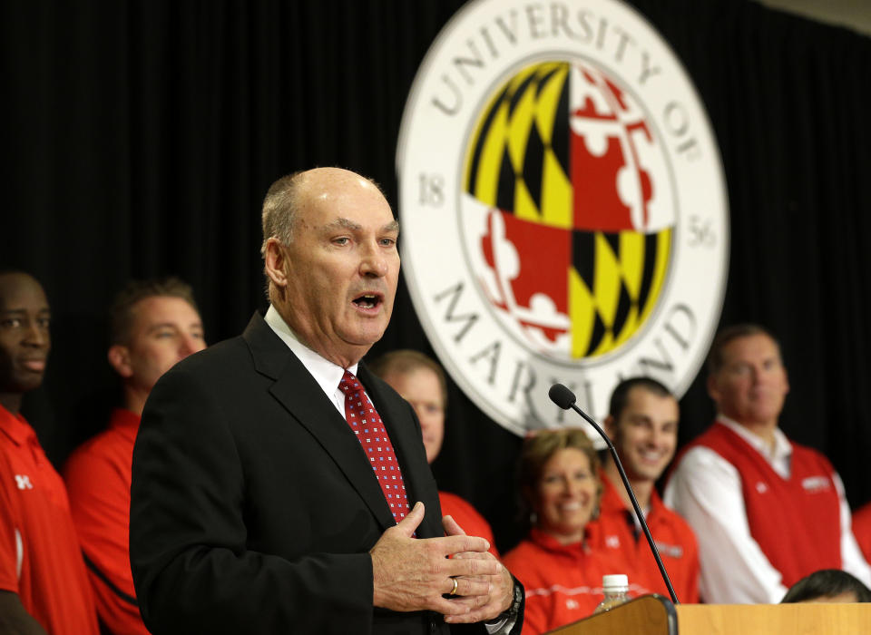 Big Ten Commissioner James Delany speaks at a news conference to announce the University of Maryland's decision to move to the Big Ten in College Park, Md., Monday, Nov. 19, 2012. Maryland is joining the Big Ten, leaving the Atlantic Coast Conference in a shocker of a move in the world of conference realignment that was driven by the school's budget woes. (AP Photo/Patrick Semansky)