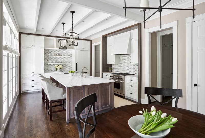 Espresso wooden floors in kitchen.