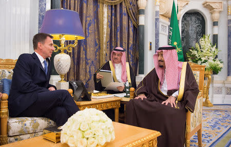 Saudi Arabia's King Salman bin Abdulaziz Al Saud meets with British Foreign Secretary Jeremy Hunt, in Riyadh, Saudi Arabia November 12, 2018. Bandar Algaloud/Courtesy of Saudi Royal Court/Handout via REUTERS