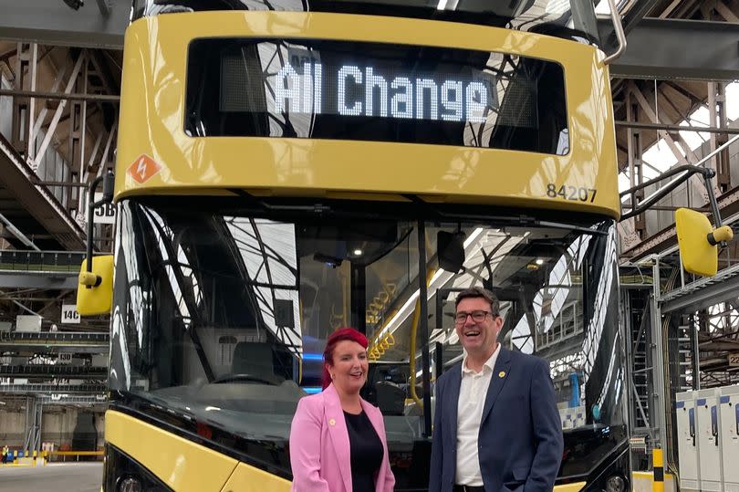 Transport minister Louise Haigh meets GM mayor Andy Burnham in Oldham bus depot to learn more about the Bee Network