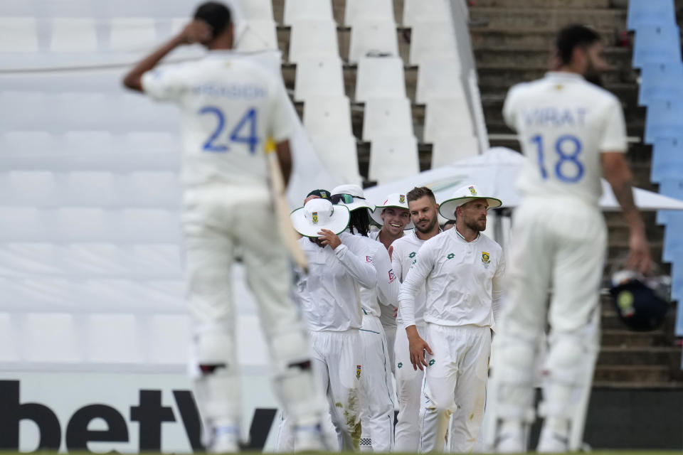 South Africa players celebrate at the end of the third day of the Test cricket match between South Africa and India, at Centurion Park, in Centurion, on the outskirts of Pretoria, South Africa, Thursday, Dec. 28, 2023. (AP Photo/Themba Hadebe)