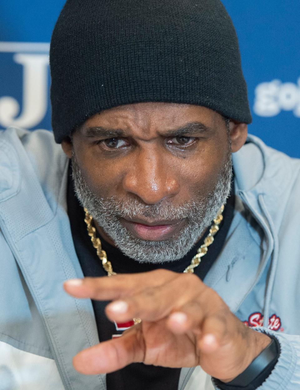 Jackson State football coach Deion Sanders talks about Southern and the upcoming SWAC Championship during a news conference at JSU in Jackson, Miss., Tuesday, Nov. 29, 2022.