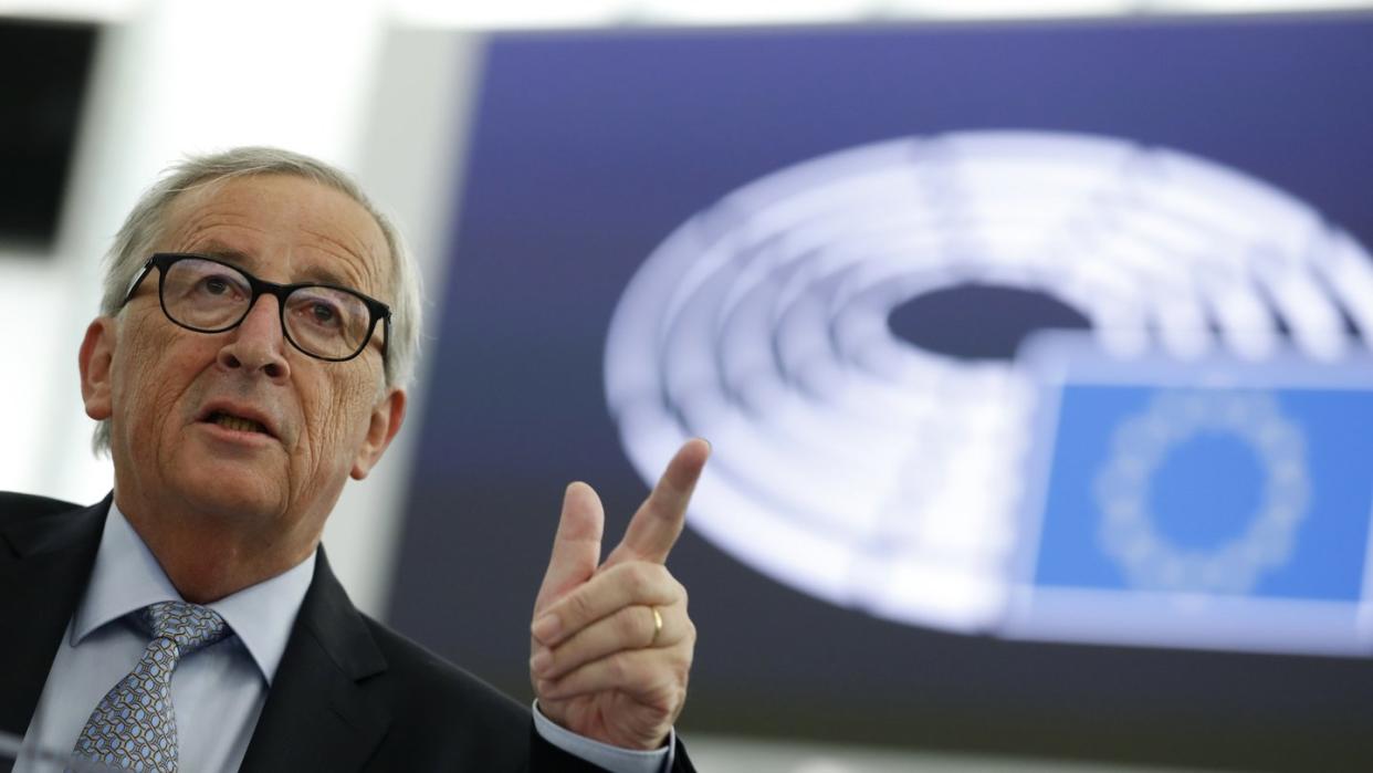 Jean-Claude Juncker, Präsident der Europäischen Kommission, während seiner Rede im Europäischen Parlament. Foto: Jean-Francois Badias/AP