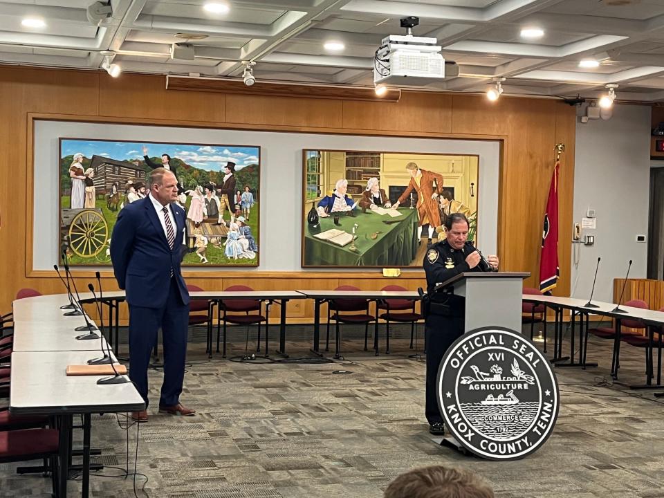 Knox County Mayor Glenn Jacobs and Sheriff Tom Spangler hold a news conference June 2 after reaching a compromise on pay increases for sheriff’s deputies and jailers.