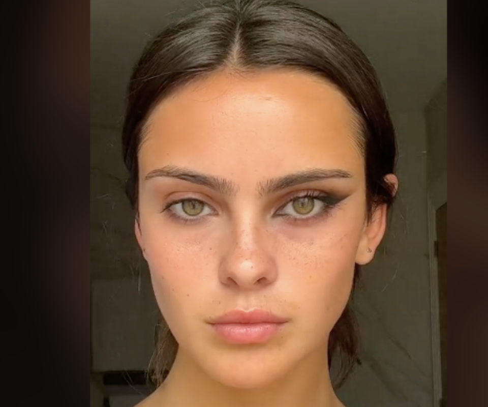 An olive skinned young brunette woman looks straight at the camera with one eye bare and the other with a winged eyeliner on the inside and end of her eye. She stands infront of a dark background.