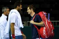 Britain Tennis - Great Britain v Argentina - Davis Cup Semi Final - Emirates Arena, Glasgow, Scotland - 15/9/16 Great Britain's Andy Murray and Argentina's Juan Martin del Potro during practice Action Images via Reuters / Andrew Boyers Livepic