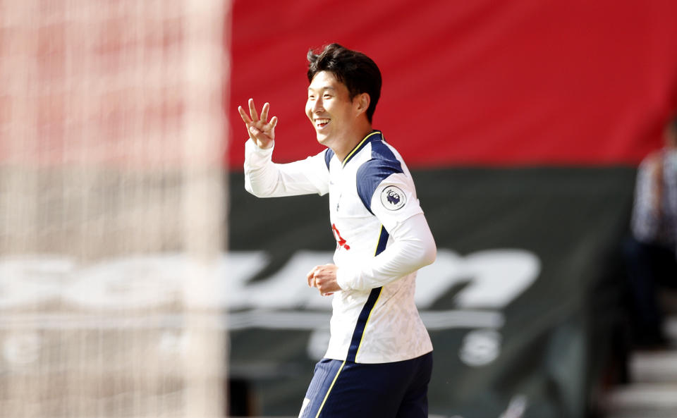 Tottenham Hotspur's Son Heung-min celebrates scoring his side's fourth goal of the game during the Premier League match at St Mary's Stadium, Southampton.